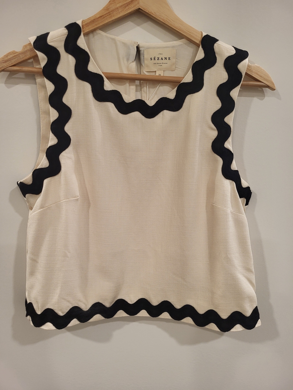 Sezane Dee Blouse Ecru with Black Zigzag Trim Sleeveless SZ 4 NWT